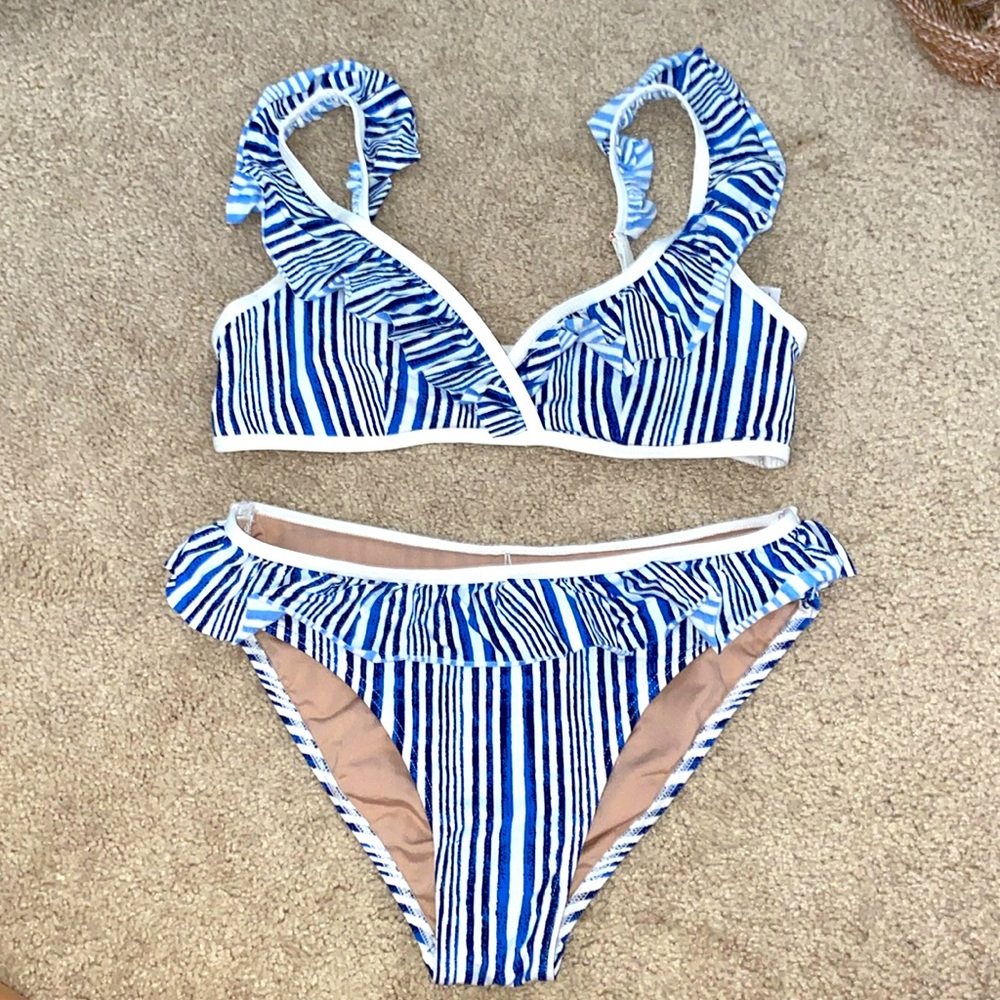 Padded two piece blue and white ruffle bikini